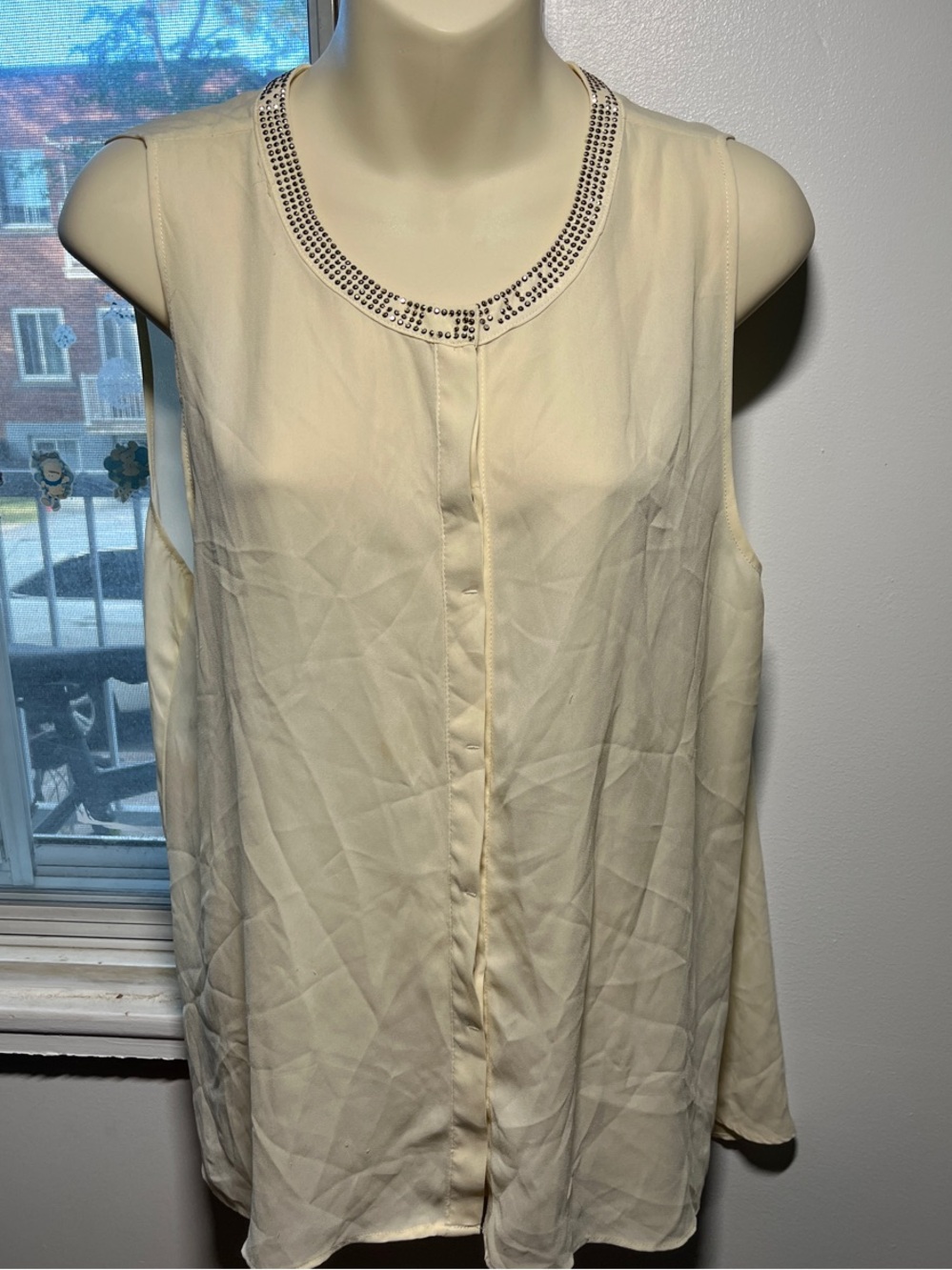 RACHEL Rachel Roy Cream Sleeveless Blouse with Beaded Neckline Front Placket
